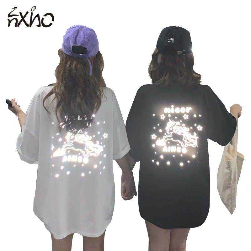

Reflective Unicorn Pattern Printing O-neck Loose Oversize Streetwear 2021 Summer Korean Style Fashion y2k Women Tops Tshirt