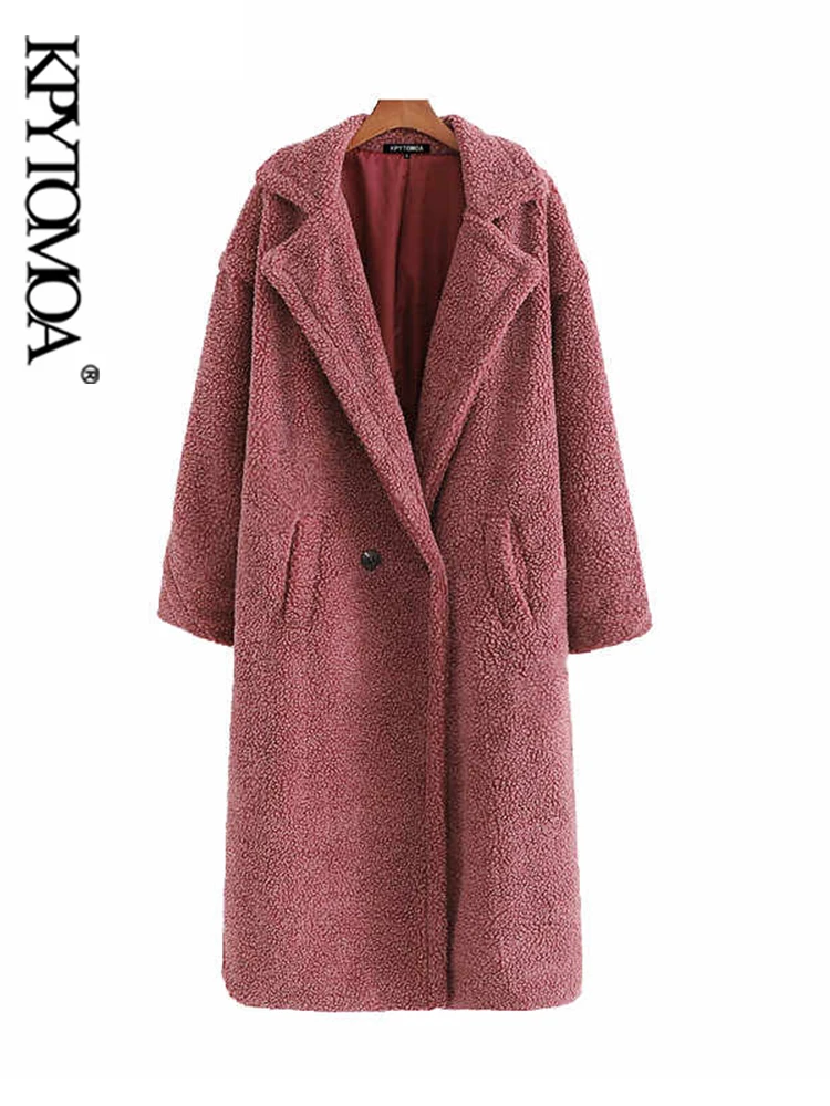 KPYTOMOA Women Fashion Thick Winter Warm Faux Fur Teddy Coat Women Vintage Long Sleeve Pockets Female Outerwear Chic Overcoat