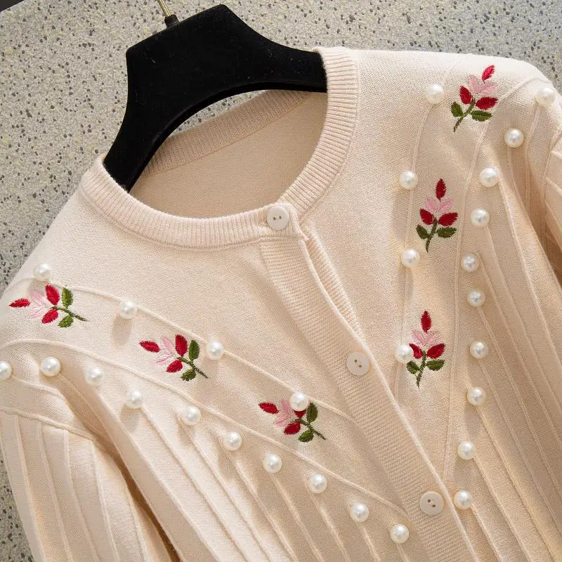 

Autumn Knitted 2 Piece Set Women Pearls Beading Cardigan Sweater Top + Midi Embroidery Mesh Skirt Set Winter Casual Sweater Sets