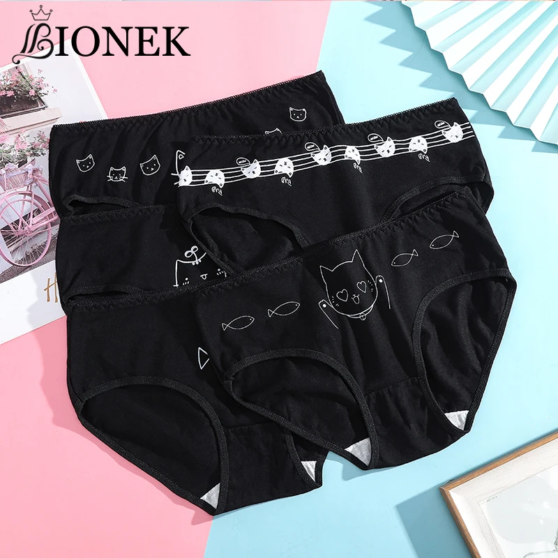 

BIONEK New Black Cat Combination Girl Underwear Cotton Large Size Panties Female Middle Waist Breathable Student Underwear