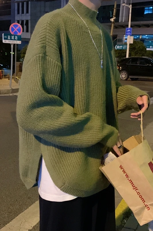 

Autumn winter Korean version lazy style loose split Crew Neck Sweater men's Hong Kong Style Pullover bottomed T-shirt for men