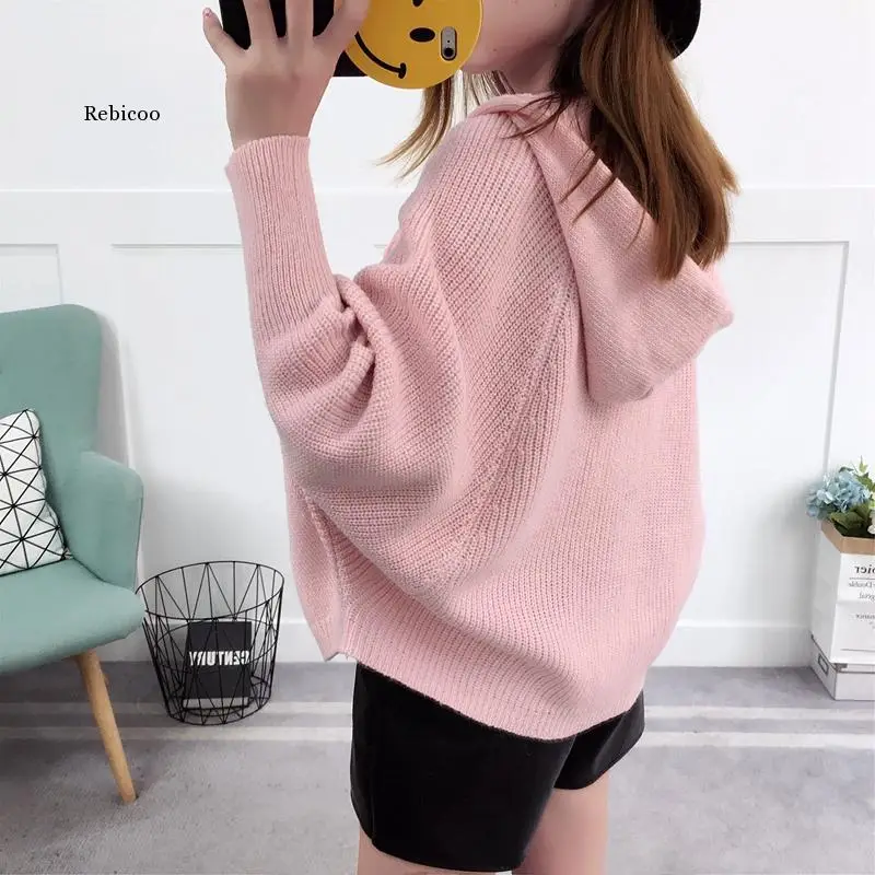

Autumn Winter Hooded Cardigans and Sweaters New Batwing Sleeve Shawl Jacket Ladies Knitted Cape Female Cloak Coat
