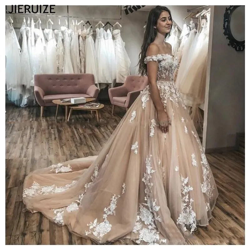 

JIERUIZE Champagne Off Shoulder Wedding Dresses A Line Lace Up Back Modest Tulle Bridal Gowns Lace Appliques robe de mariee