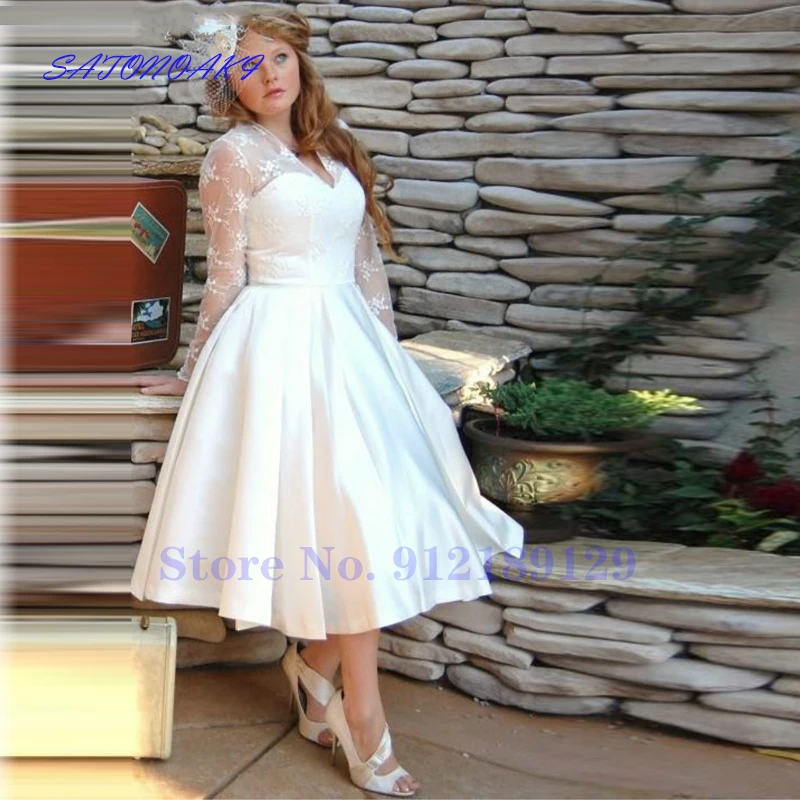 

Vestidos De Novia 2021 Plus Size Garden V Neck Short Wedding Dress Long Sleeves Tulle Stain A-Line Lace Tea Length Bridal Gowns