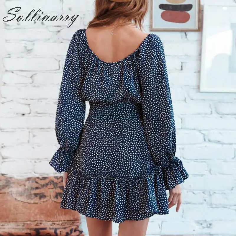 Sollinarry Print Vintage Short Dress Women Off Shoulder Autumn Sexy Female Long Sleeves Winter Ruffles Elegant Dresses | Женская одежда