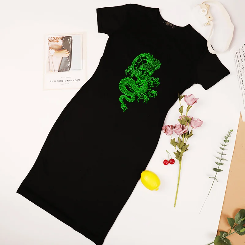 

Chinese Style Dragon Print Sexy Package Hip Women Dress Black Dresses Short Sleeve Party Skinny Bodycon Robe Female
