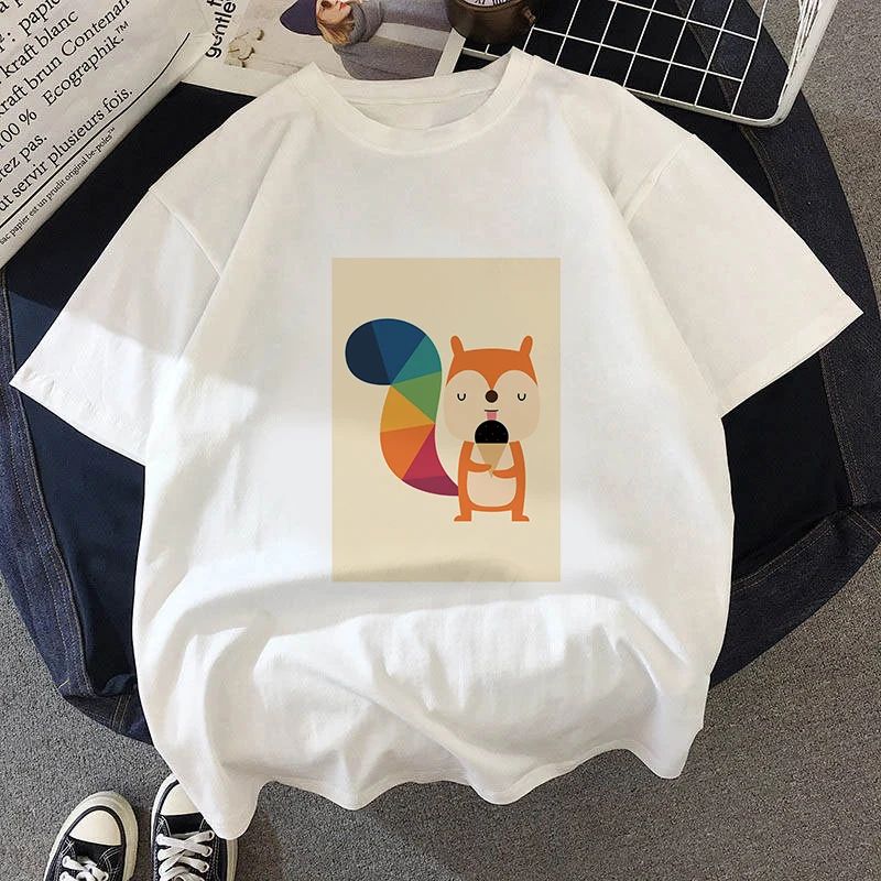 

Lovely Fox Printed T Shirt Women 90s Graphic T-shirt O-neck Girl Short Sleeve Harajuku T shirt White Tops Female Tops