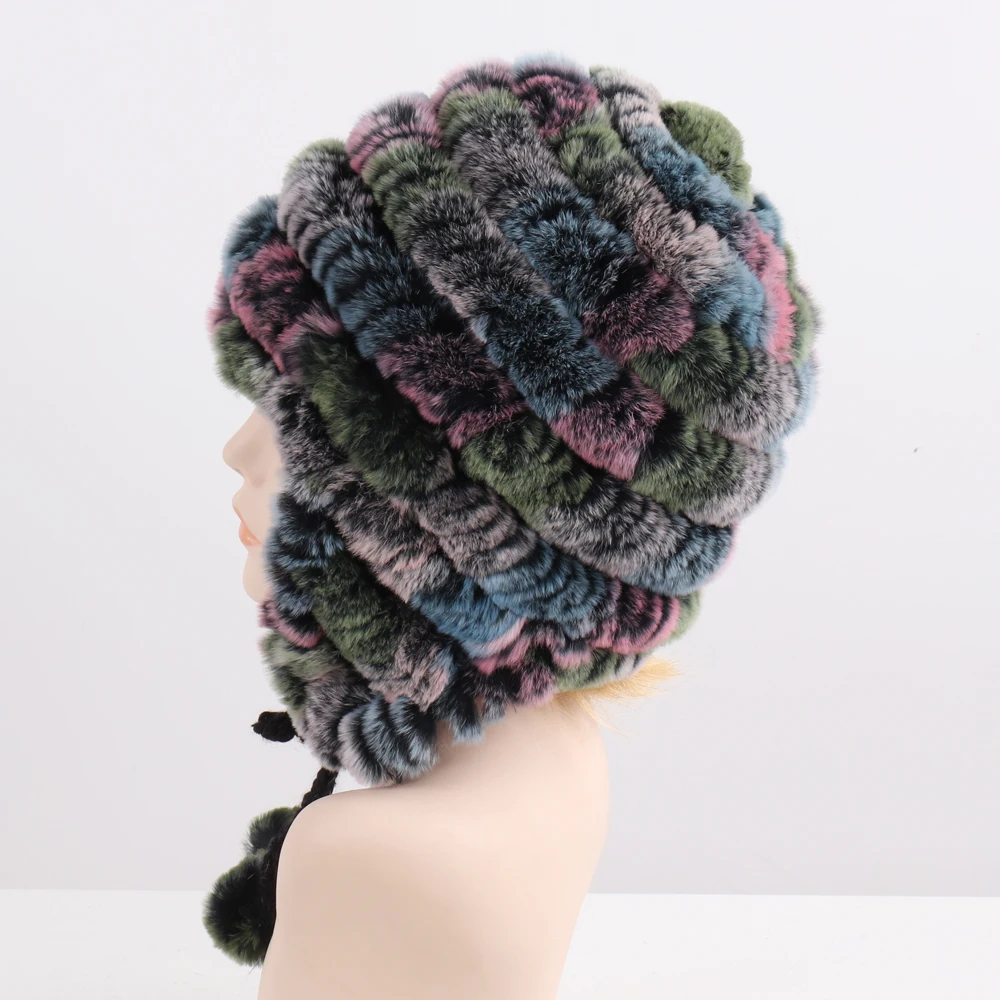 Хорошая эластичная вязаная шапка-бомбер из меха кролика рекс зимняя женская