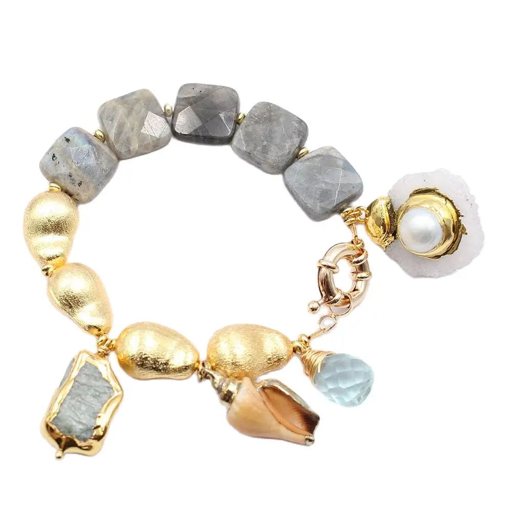 

GG Jewelry Natural Square Labradorite Blue Amazonite White Pearl Quartz Shell Gold Plated Beads Bracelet Handmade For Women