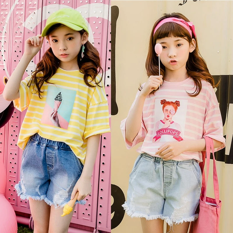 Костюмы для девочек футболка в полоску комплекты с джинсовыми шортами летняя