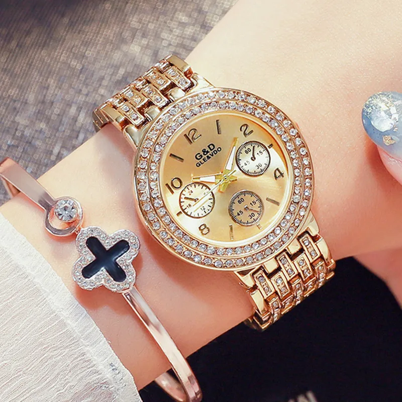 

2019 New G&D Luxury Brand Gold Women's Watches Rhinestones Ladies Watch Fashion Women Quartz Wristwatches Clock relogio feminino