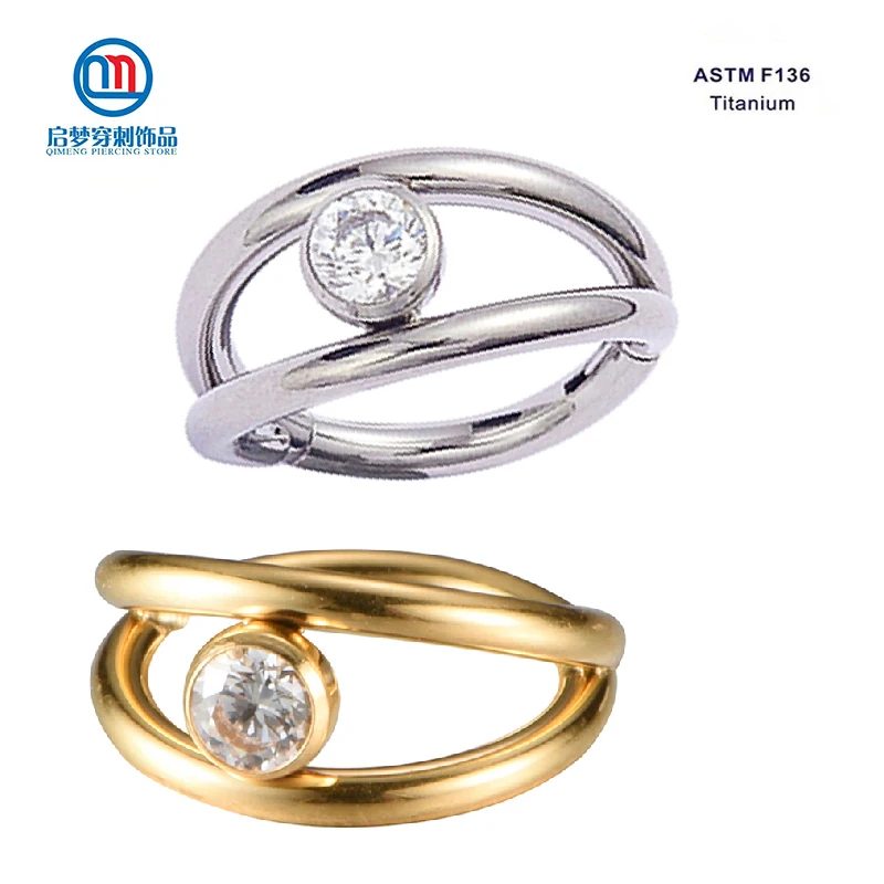 

Титановые двухслойные серьги-кольца ASTM F136 с цирконом, украшение для пирсинга с раскрывающимся сегментом, ювелирные изделия для носа с позол...