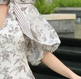 

Women Dress 2021 Summer New Style Mori Linen Linen Bubble Sleeve Waist V-neck Thin Print Midi Dress