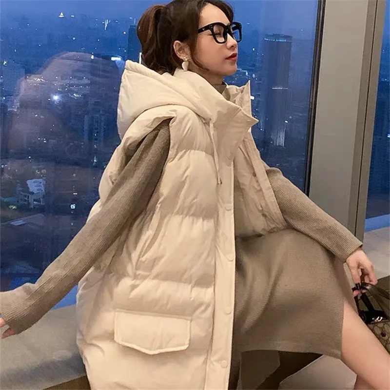 

Down Cotton Vest Women Top Mid-Length Loose Hooded Coat Winter New Sleeveless Chaleco Mujer Korean Solid Warm Wild Female Jacket