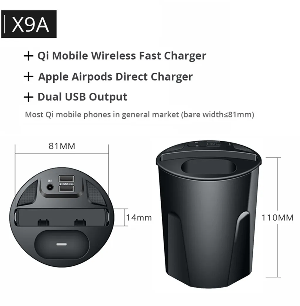 X9A 10W беспроводное зарядное устройство чашка с USB для iPhone 11/Pro Max для Airpods 2th наушники для беспроводных наушников# G20