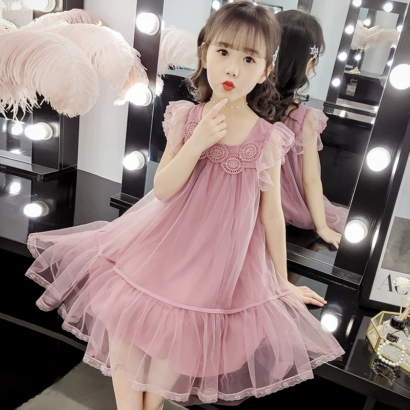 

Flower Pink Fashion Summer Girlsdress Party Tulle Birthday Princess Girl Dress Off Shoulder Robe Ete Children Clothes BW50DR
