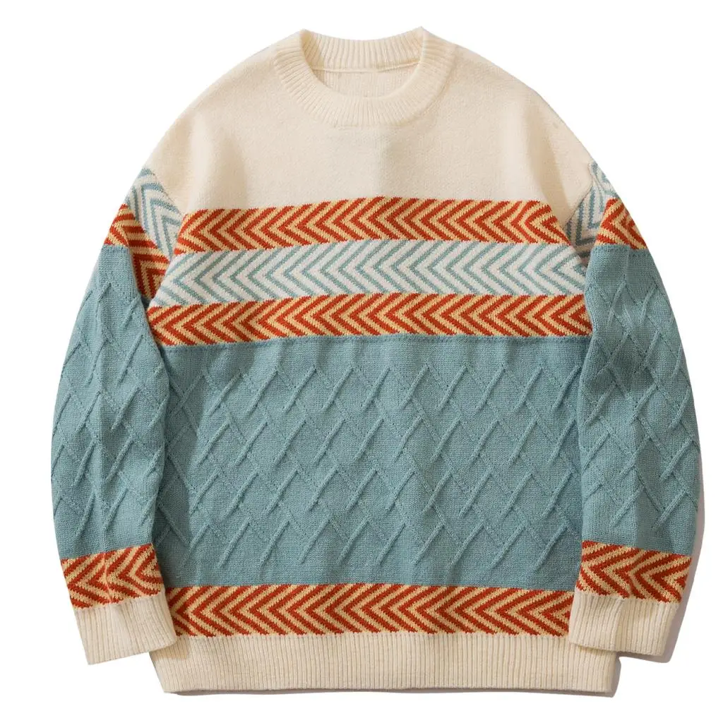

Men's Vintage Striped Sweater Hip Hop Streetwear 90s Autumn Sweater Harajuku Loose Cotton Knit Pullover Tops Outwear