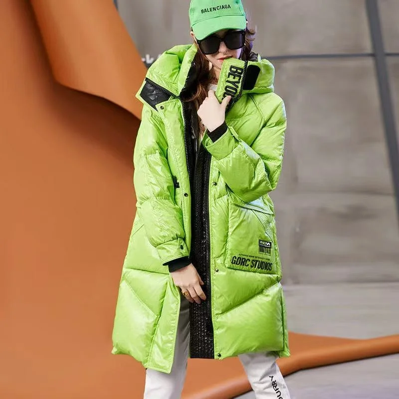 Bright Face Down Jacket Women's Middle And Long Section 2021 New Windproof Fashion Knee Length White Duck Thickened Special Hat