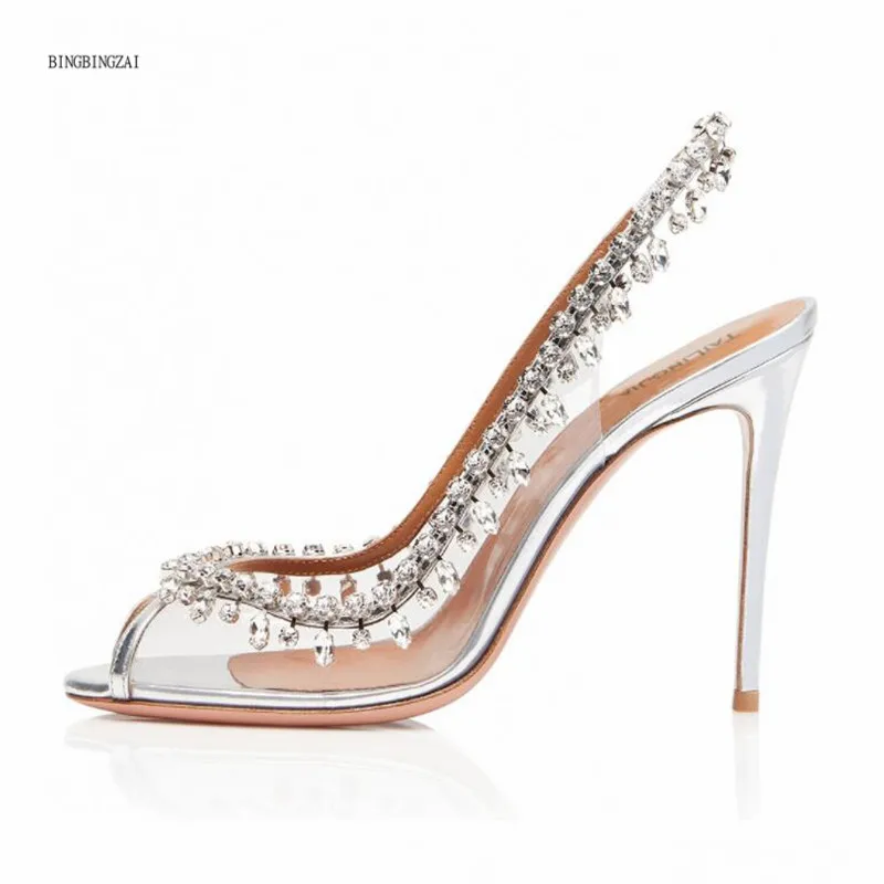 2021 summer new style gorgeous chain diamond ladies sexy single shoes high quality women's shoes fashion show 12CM high heels 46