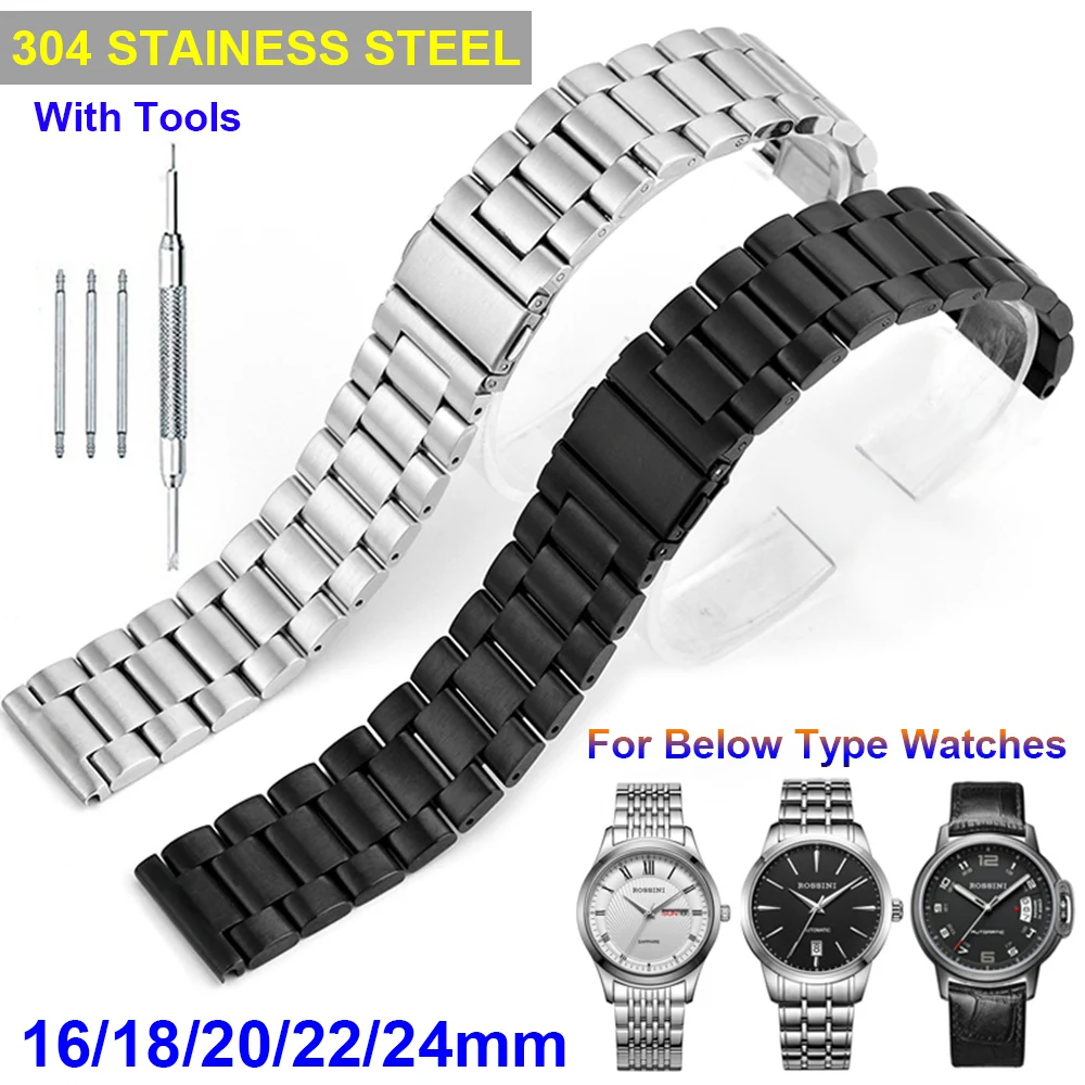 

16-24mm Stainless Steel Watch Band Black Silver Belt Buckle Clasp Women Men Replacement Watch Strap Bracelet Relogio Feminino