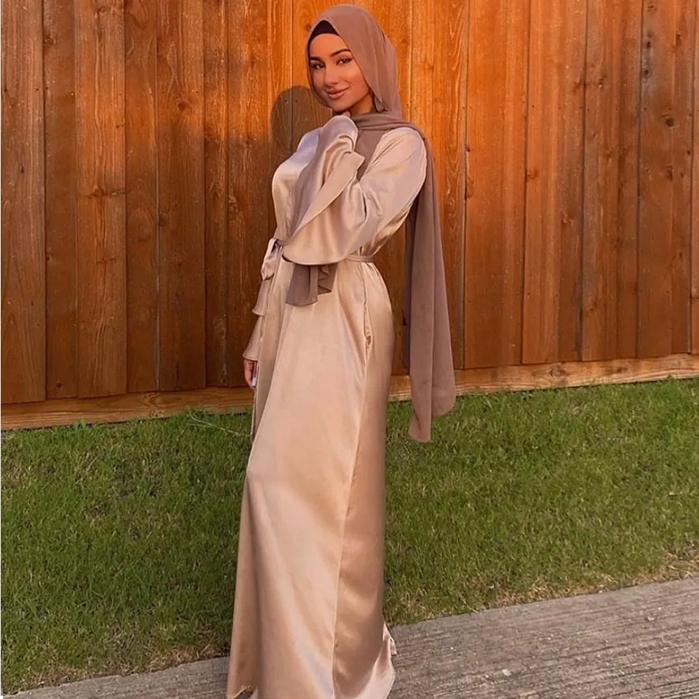 

Ramadan Eid Fashion Satinlike Dress Dubai Abaya Women Summer Long Flare Sleeve Hijab Dresses Muslim Islam Turkey Clothes Bronze