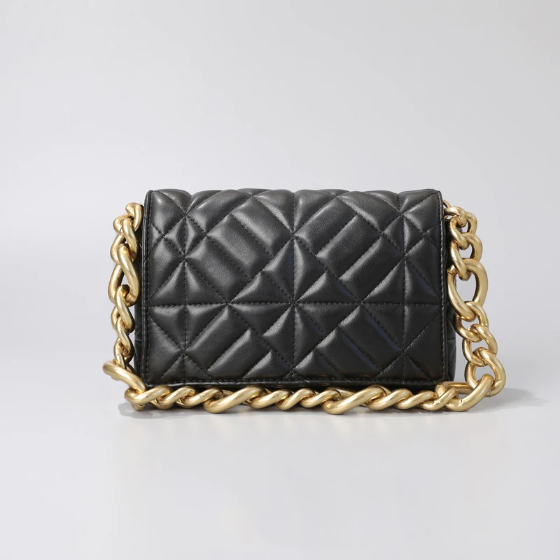 

Chic Ladies Shoulder Black Bag Small Flap Women Trendy 2022 Gold Metal Chain Soft PU Handbags for Women Luxury Designer Handbag
