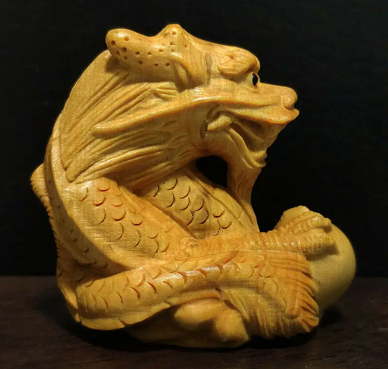 

2-Дюймовая резная вручную скульптура Netsuke из бокса, миниатюрный потрясающий Дракон-# ZQC085