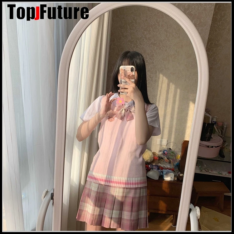 Розовый японский вязаный жилет для девочек милый Универсальный свитер кардиганы