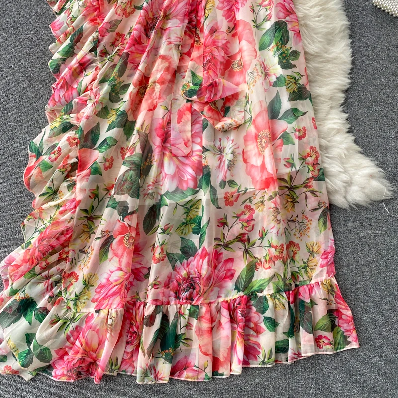 

Amolapha Women Summer Vintage Sundress Chiffon One Off Shoulder Ruffles Floral Print Holiday Beach Style Big Swing Dress