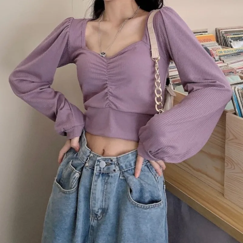 

Женский топ на раннюю осень 2019 новая свободная рубашка с квадратным вырезом белая футболка с длинным рукавом тонкая весна и осень