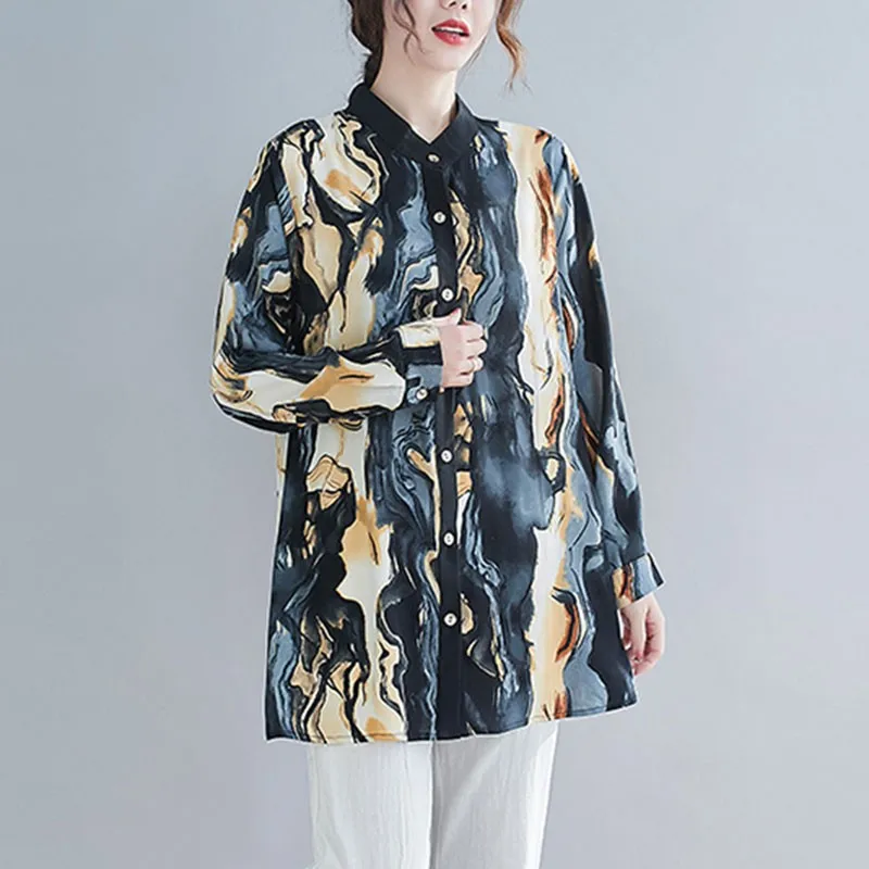 

Women Chiffon Casual Shirts New Arrival 2021 Spring Vintage Style Stand Collar Print Loose Female Long Sleeve Tops S3556