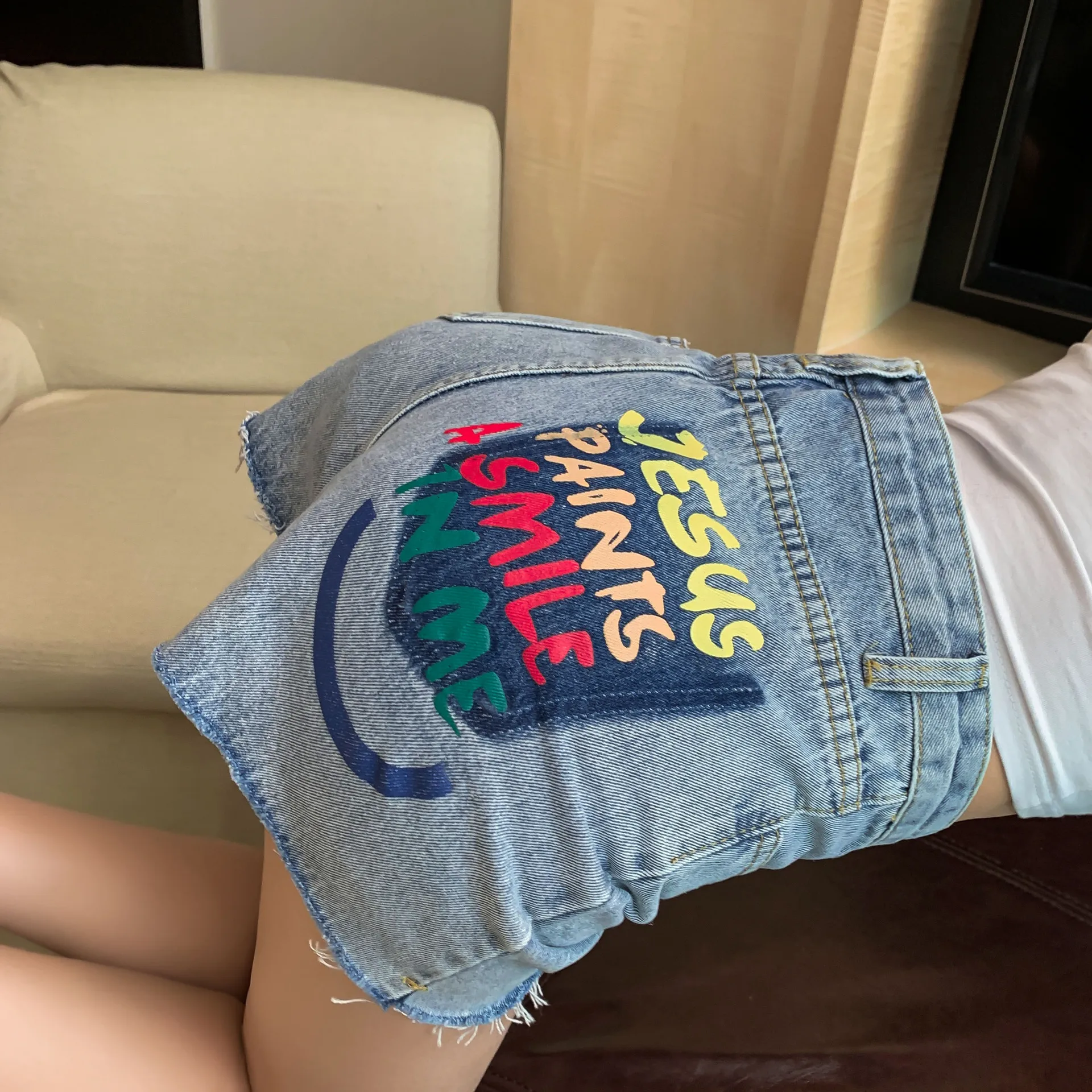 

2021 New Summer High Waist Women's Pants Printed Letters Ripped Wide Leg Pants Thin Denim Shorts Hot Pants Women