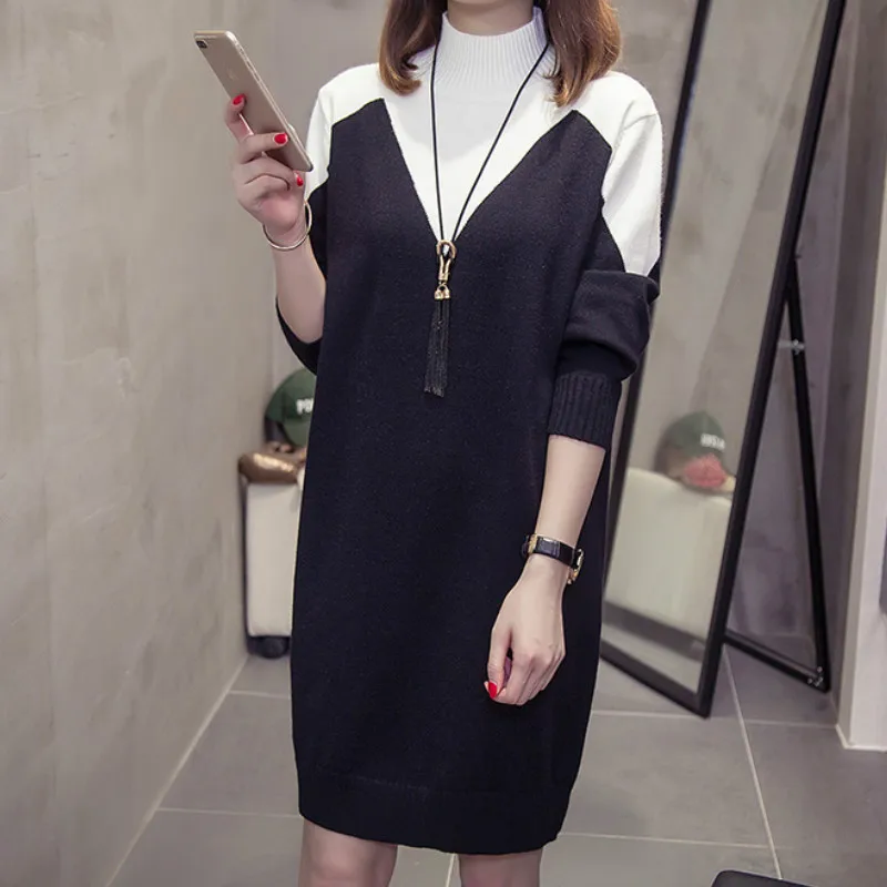 Milinsus, XL-4XL размера плюс, вязаный свитер, платье для женщин, тренд, половина водолазки, джемпер, зима, пэчворк, Женский пуловер, платья