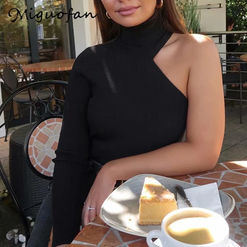 Miguofan women sweaters one shoulder sweater turtleneck jumpers stretchy asymmetrical pullovers female chic knit tops | Женская одежда