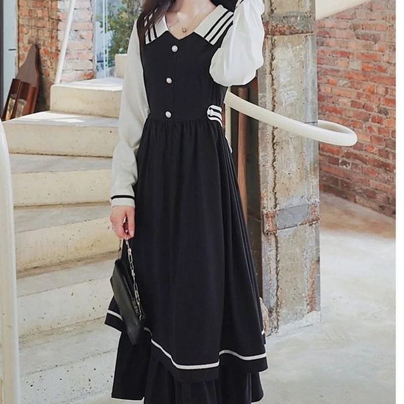

QWEEK Preppy Style Kawaii Cute Sailor Collar Ruffle Dress Women Sweet Vintage Princess Fairy Black Midi Dress 2021 Robe Clothes