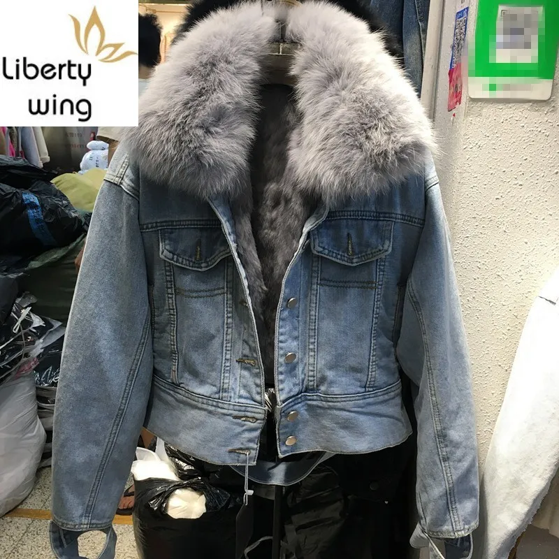 Новая Брендовая женская джинсовая куртка с воротником из искусственного лисьего