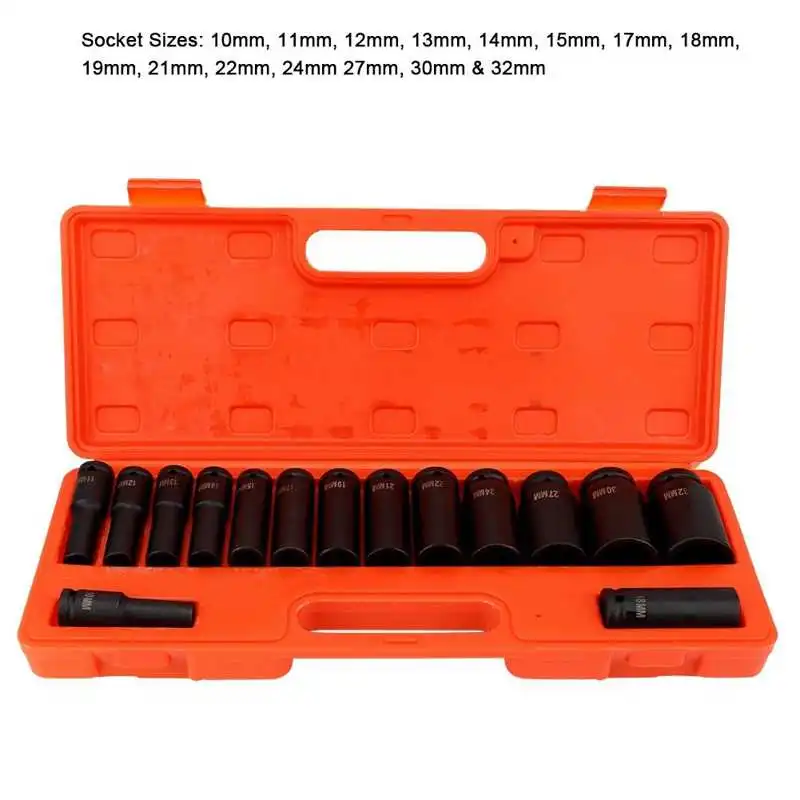 

15 pcs 1/2 Inch Drive Deep Impact Socket Set 10-32mm Socket Hand Tool Set for Garage Workshop Automobile Car Repair Tool