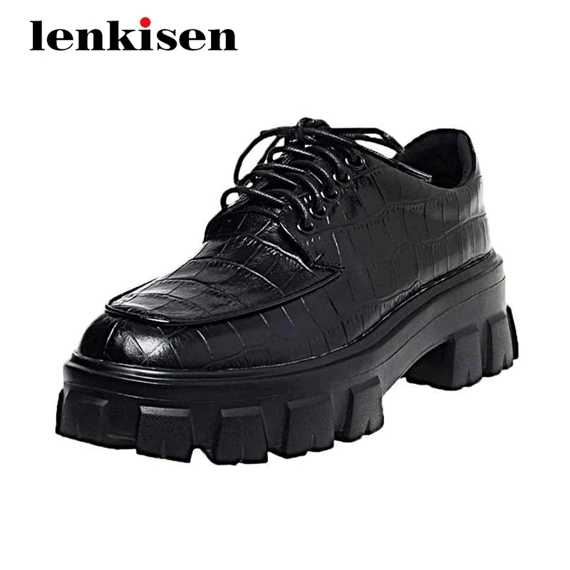 

Женские Водонепроницаемые туфли Lenkisen, корейский стиль, натуральная кожа, круглый носок, толстая подошва, высокий квадратный каблук, на шнур...