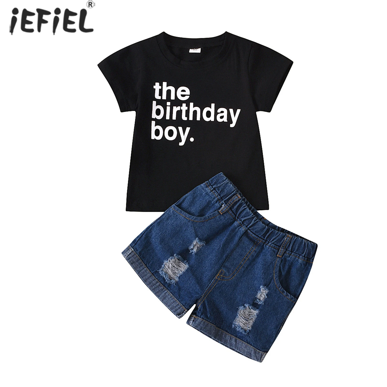 

Забавный комплект одежды для мальчиков, летняя детская одежда, футболка с буквенным принтом для мальчиков на день рождения, топ, рваные джинсовые шорты, одежда для вечевечерние НКИ на день рождения