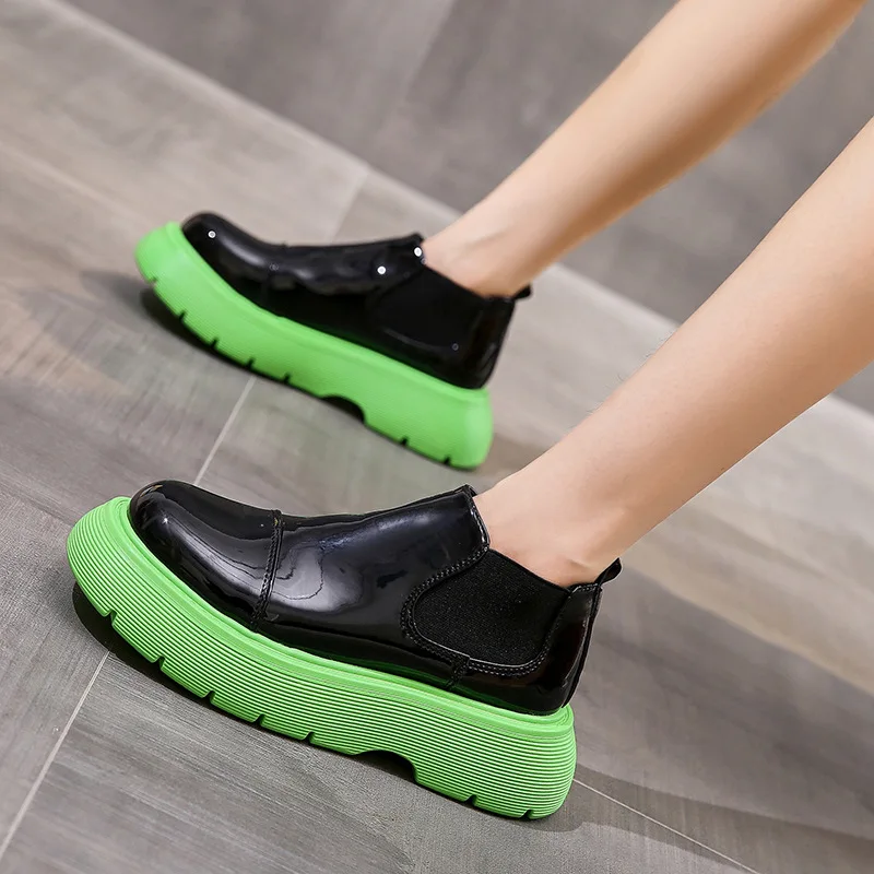 

Women's Chunky Platform Chelsea Boot Autumn Mix Color Patent Leather Ankle Boots Woman Slip on Bottes Women Shoes Botas De Mujer