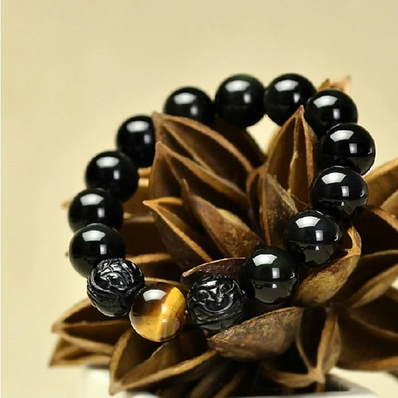 Браслеты из натурального черного радужного обсидиана двойные женские и мужские