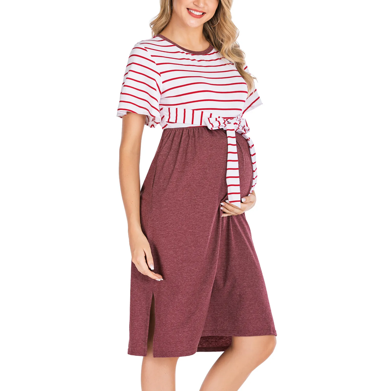 

Causal Pregnant Dress Women Summer Autumn Clothes Round Neck Short-sleeved Striped Maternity Casual Dress robes de maternit