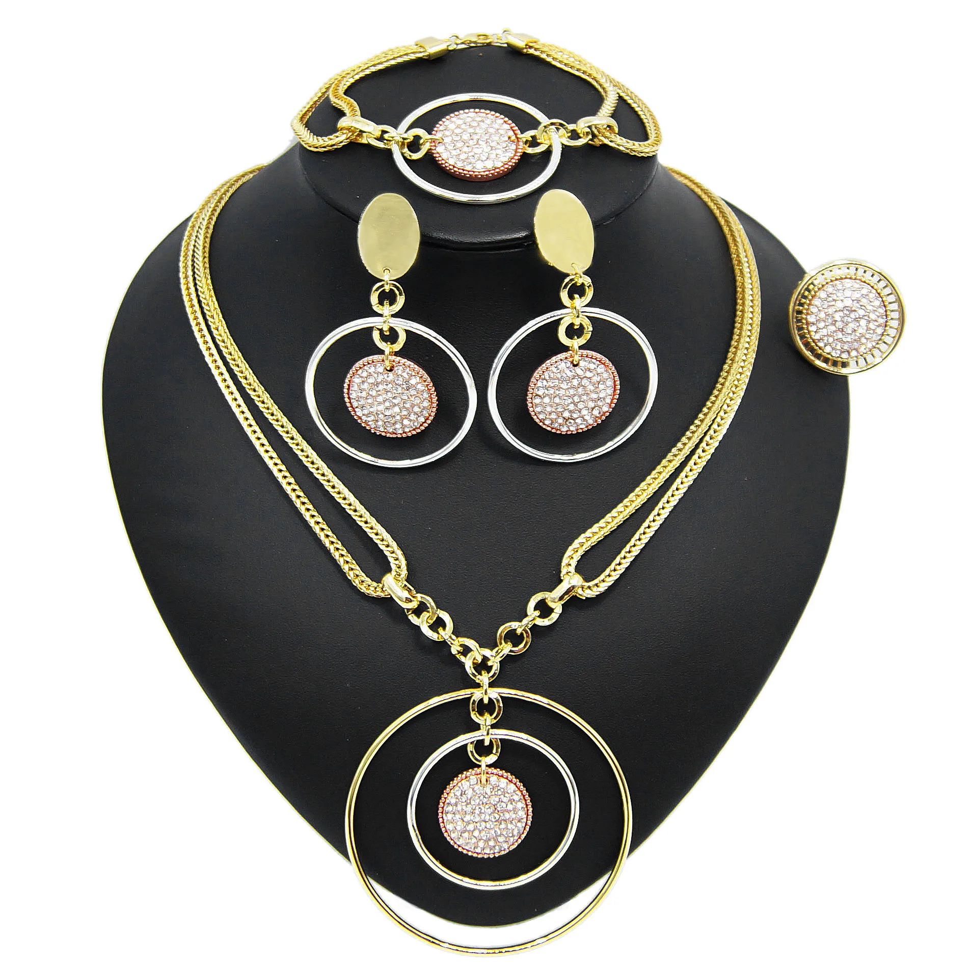 

Yulaili Trendy Round Shape Crystal Tricolor Pendant Necklace Earrings Bracelet Ring Dubai Gold Jewelry Sets Free Shipping