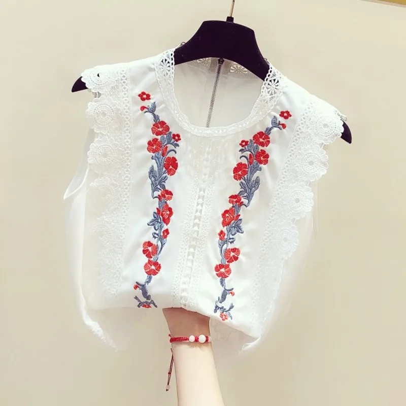 Модная кружевная блузка рубашка с цветочной вышивкой женская на молнии сзади