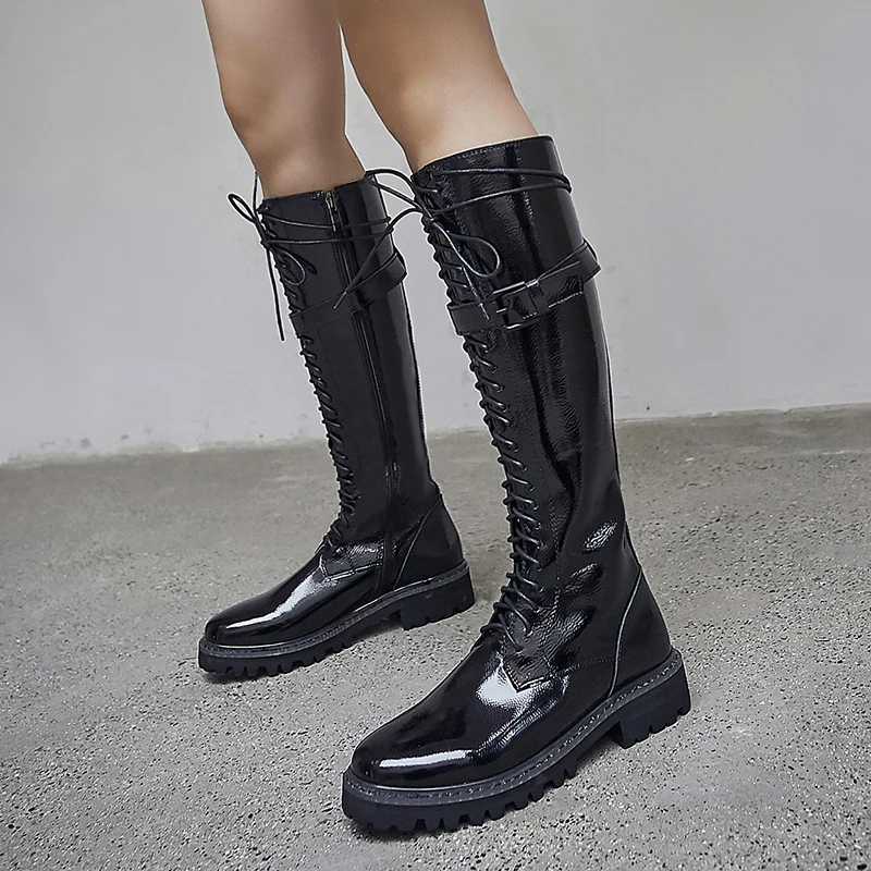 

Winter Boots Women Knee High Boots Warm New Fashion Real Leather Women Shoes Round Toe Med Heel Black Ladies