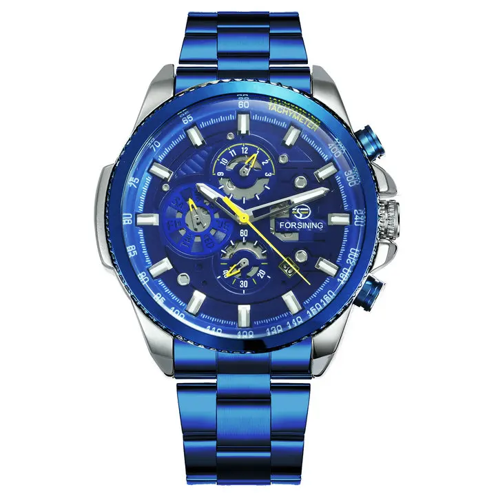 BLUE SILVER BLUE FORSINING Топ бренд Роскошные автоматические механические часы для мужчин хронограф 3 суб-циферблат Дата Мода Стальной ремешок relogio masculino - Цвет: BLUE SILVER BLUE