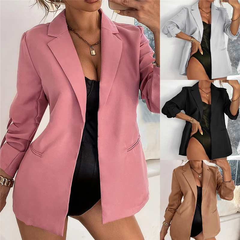 

Women Blazer Autumn Long Sleeve Cardigan Blazer Solid Color Retro Button Blazers Career Coats Elegant Ladies Streetwear