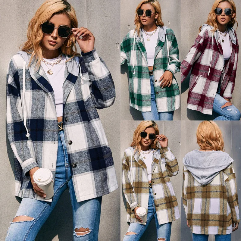 

New Hot Sale Women Plaid Shirt Jackets Turn-down Collar Autumn Oversized Top Casual Fashion Loose Coat Streetwear Female Outwear