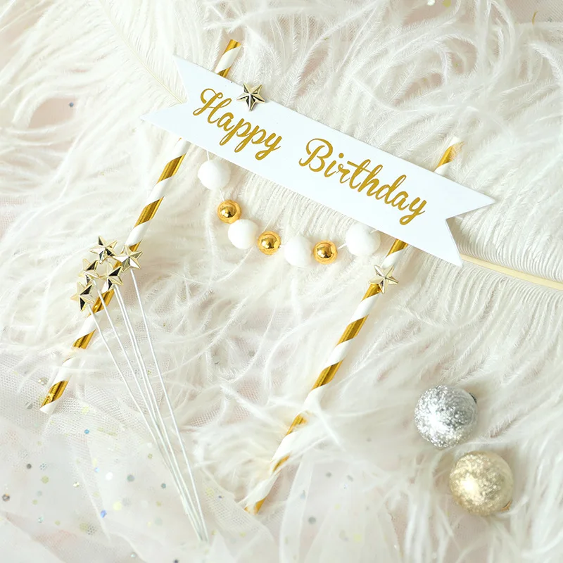 

Royal Style Platinum Banner Flag Gold Ball Star Happy Birthday Cake Topper Love Crown Decorations Party Supplies Kids Favors