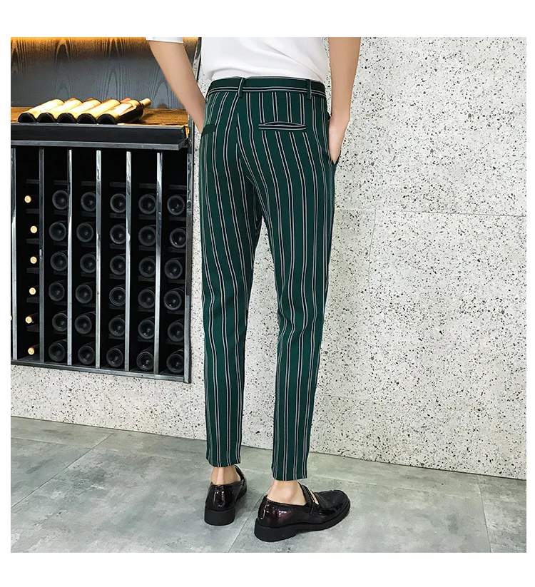 Autumn Stripe Men Dress Pants Black Green Mens Pants Fashions Streetwear Men Skinny Fit Men Trousers Pantalones Hombre